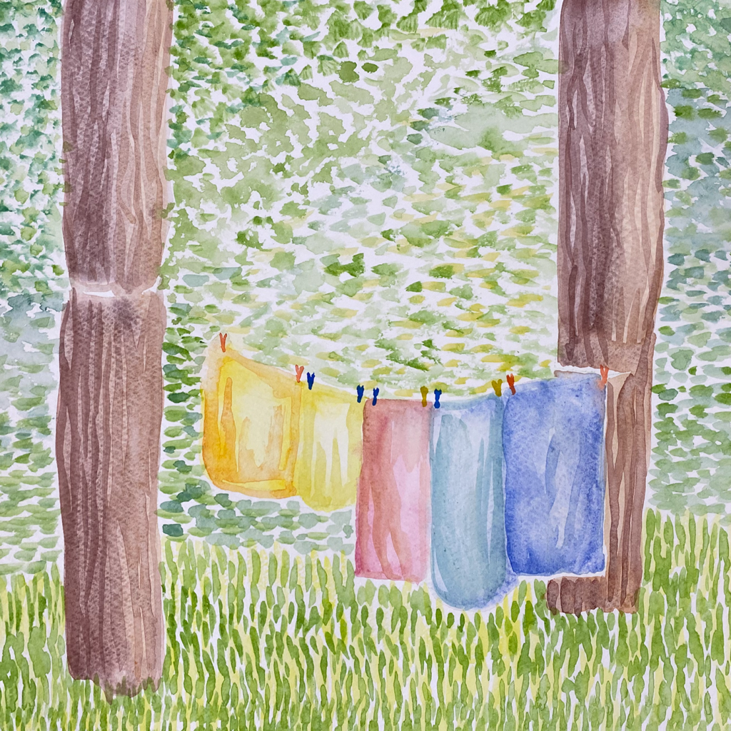 A watercolor painting of a laundry line with colourful towels, hanging between two tree trunks.