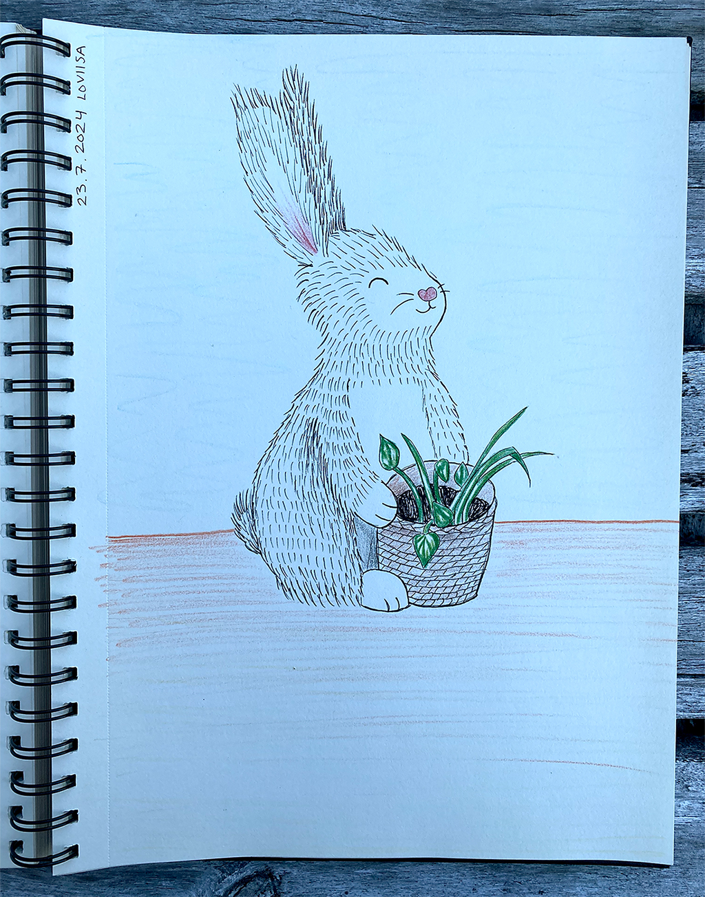 A drawing of rabbit holding a basket with plants.