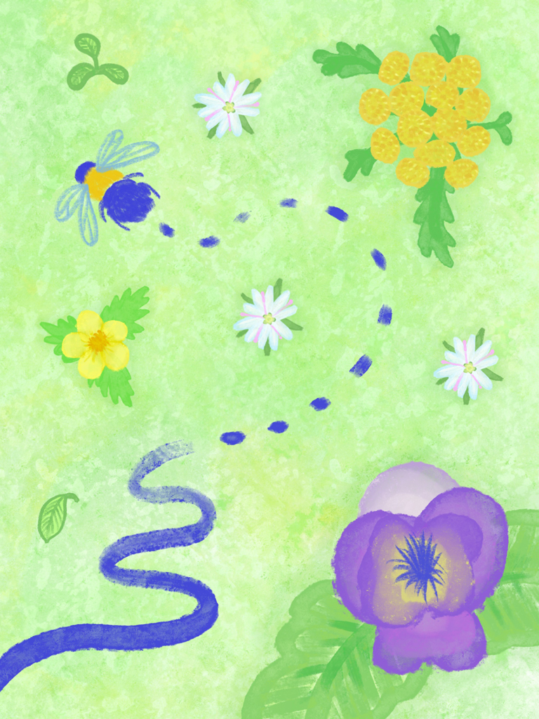 Digital artwork of a bee flying among colourful flowers.