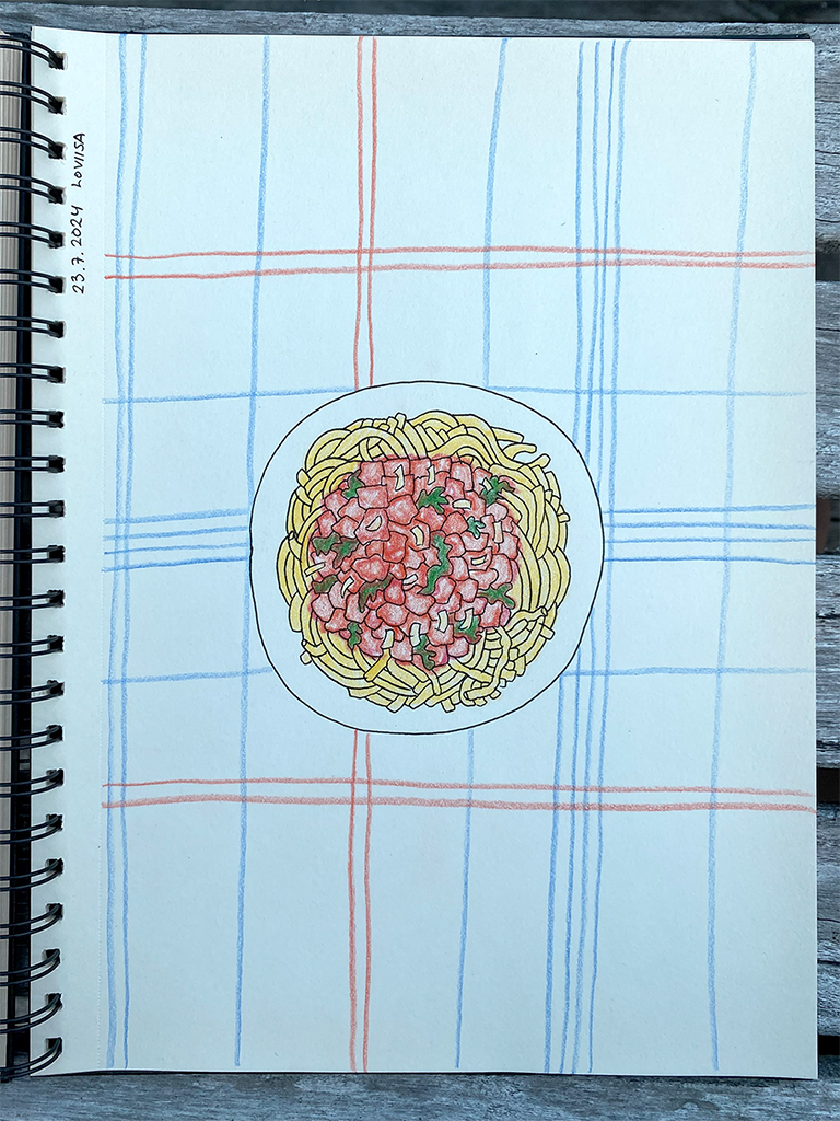 A drawing of a bowl of spaghetti with pasta sauce.